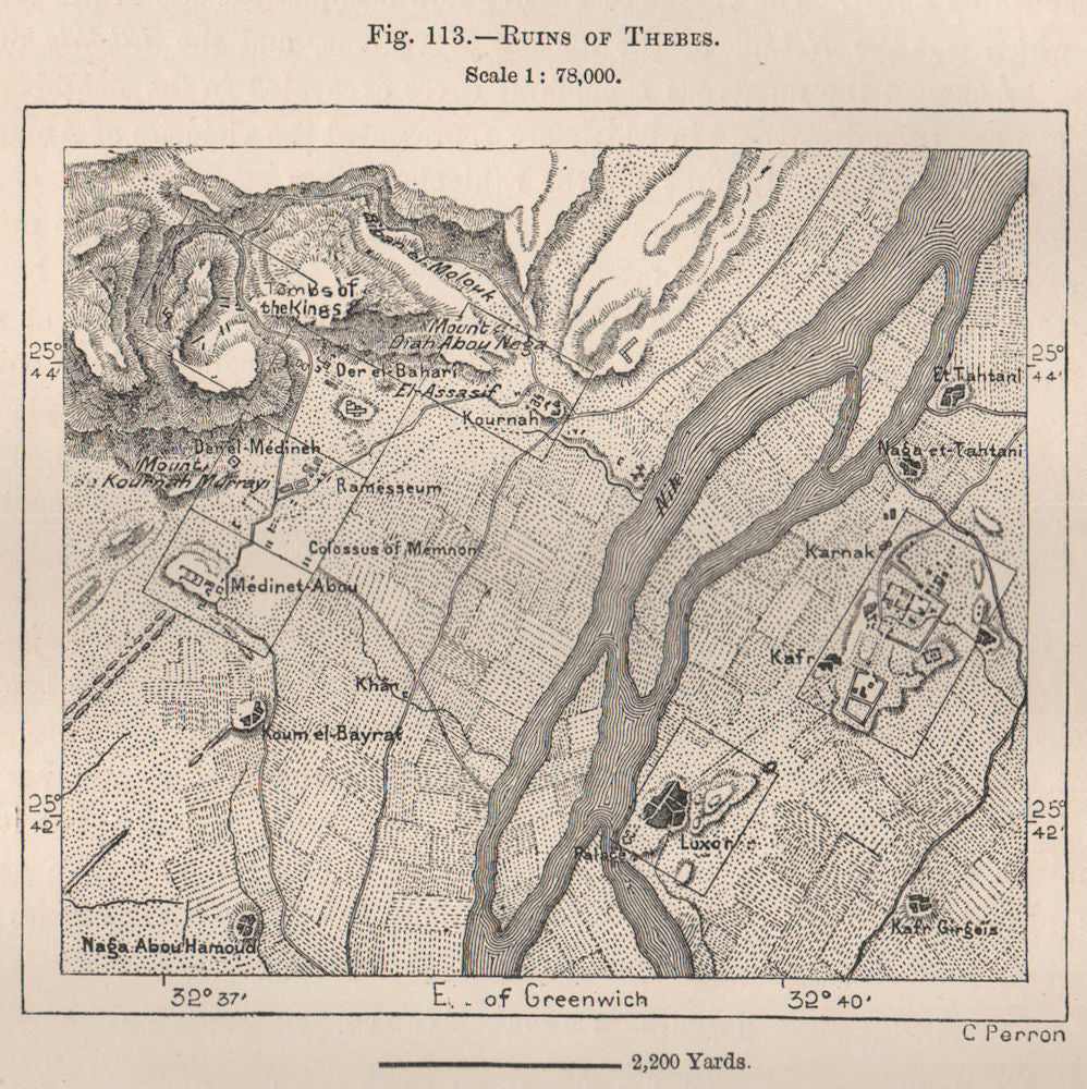 Ruins of Thebes. Egypt 1885 old antique vintage map plan chart